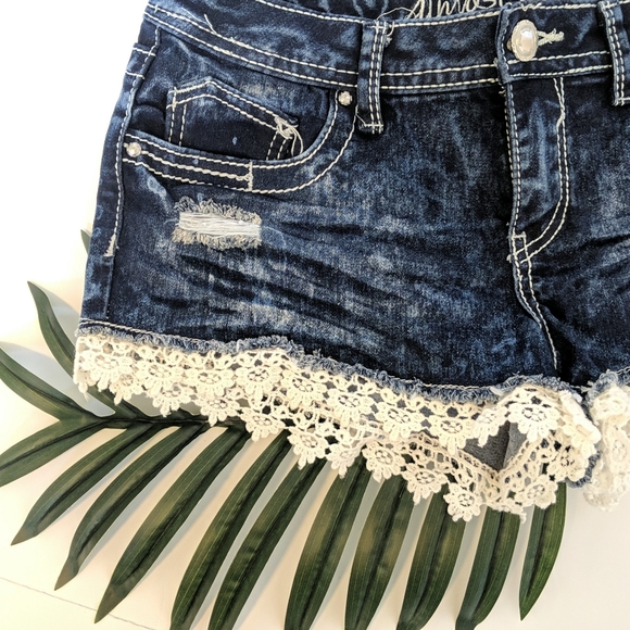 Almost Famous Shorts Almost Famous Dark Wash Lace Jean Shorts Size